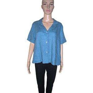 NWT Quince Womens Blue Buttoned Down Short Sleeve 100% European Linen Shirt Sz L